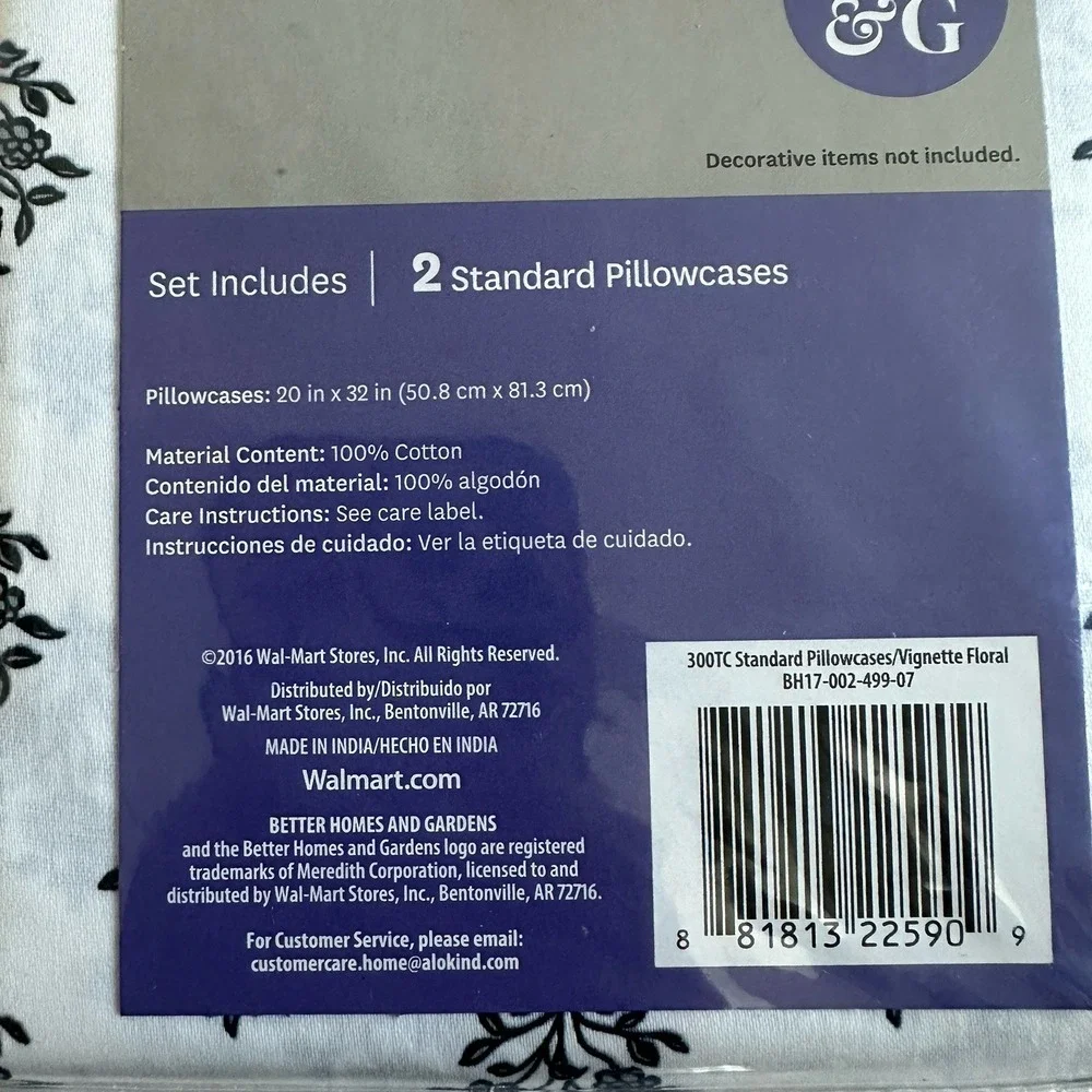 Better Homes Gardens Standard Pillowcases Floral White Black 300 TC‎ Set Of 2